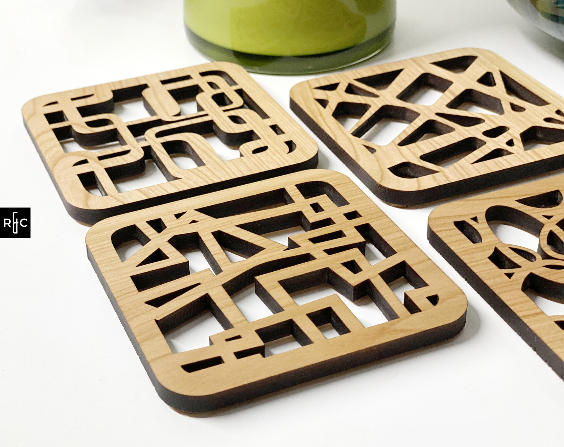 Rivers & Caves Custom Wood modern Coaster design set of four