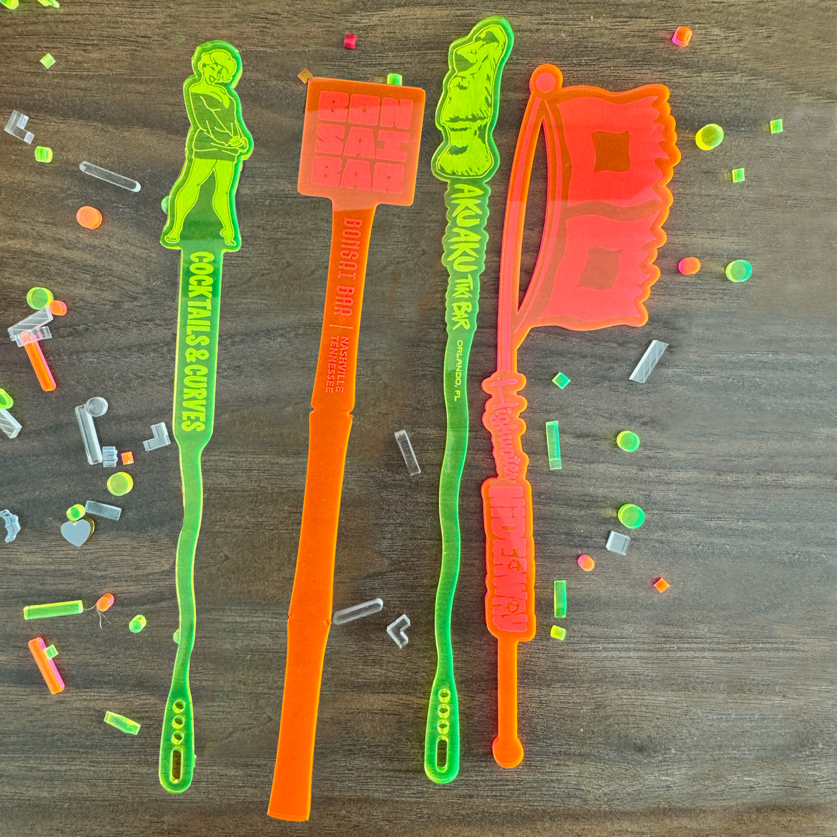 Custom Drink Stirrers Examples by Rivers and Caves dot com
