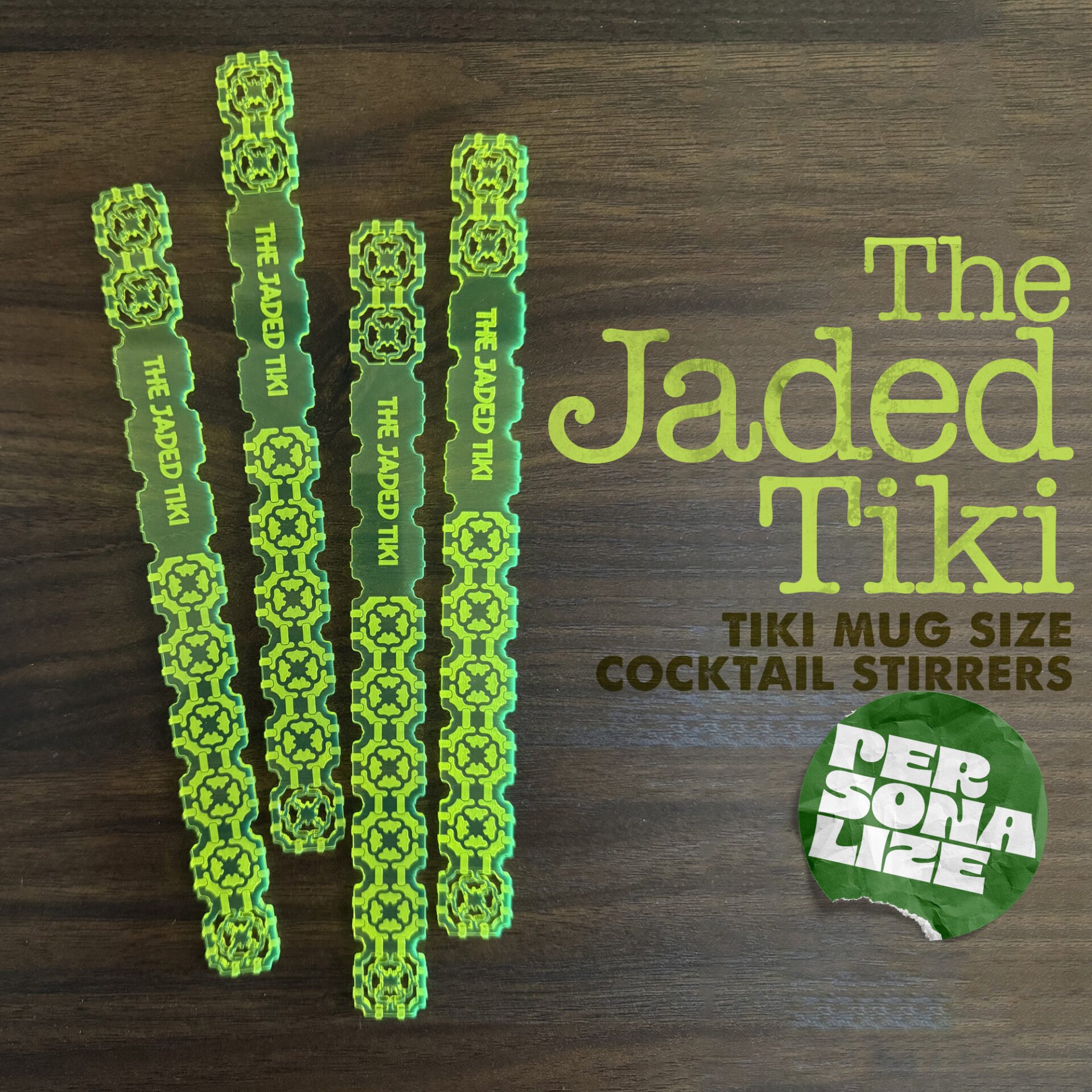 The Jaded Tiki, Jade Tile styled Stirrer - Personalized Tiki Swizzle Stick