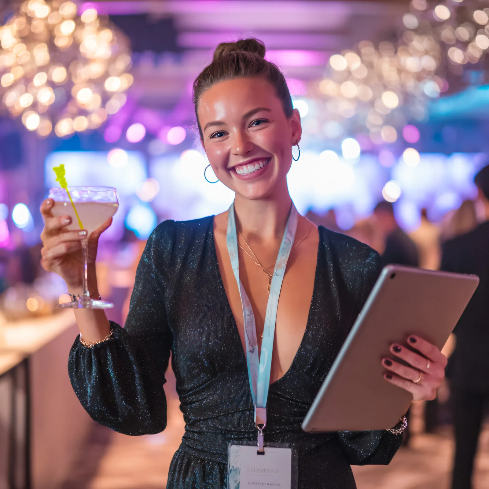 Event Planner with a custom drink stirrer in a cocktail for a corporate event. Branded with the company logo.