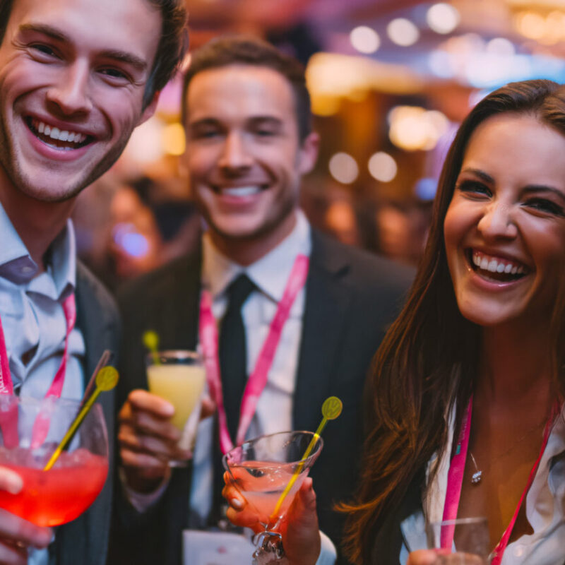 A group of people at a corporate event with drinks in their hands. The drinks have custom cocktail stirrers made by Rivers and Caves.