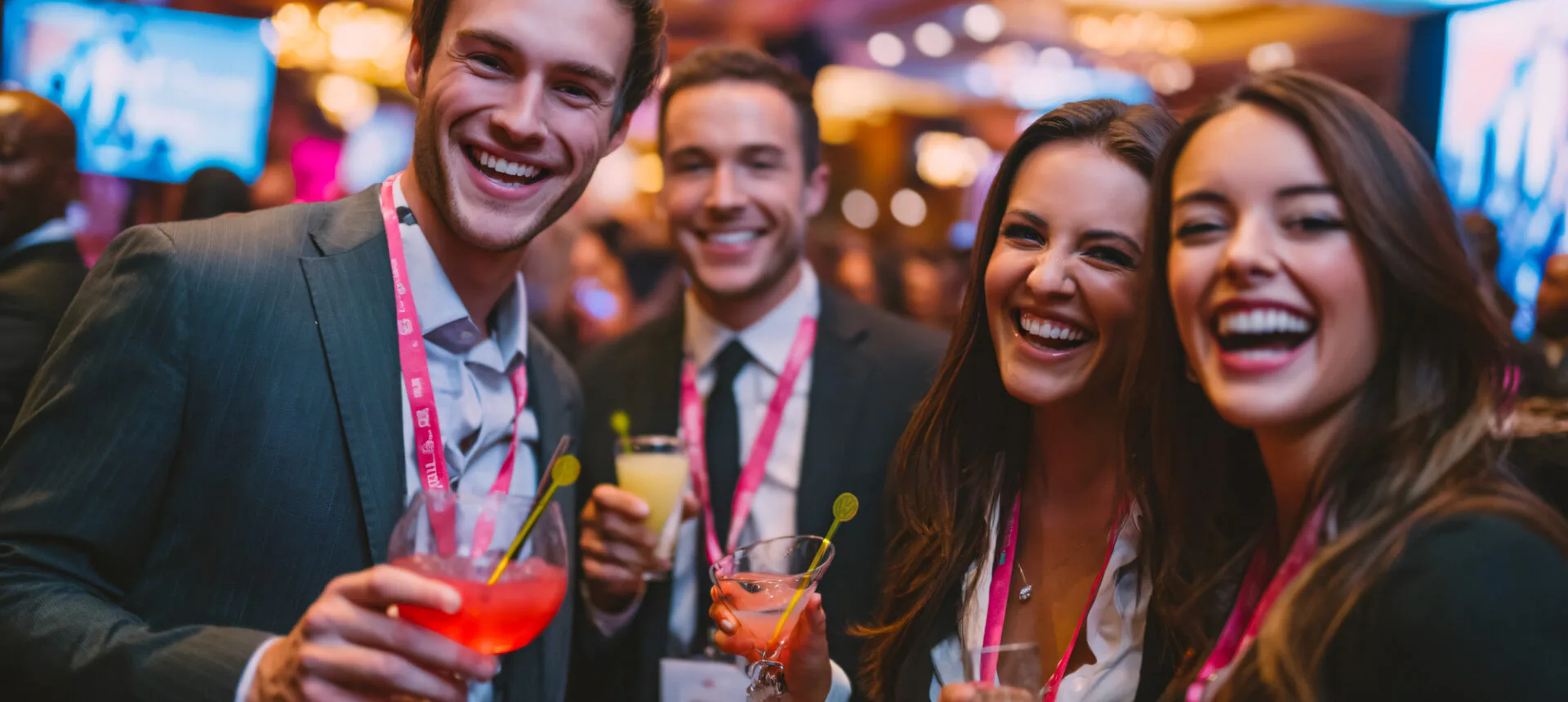A group of people at a corporate event with drinks in their hands. The drinks have custom cocktail stirrers made by Rivers and Caves.