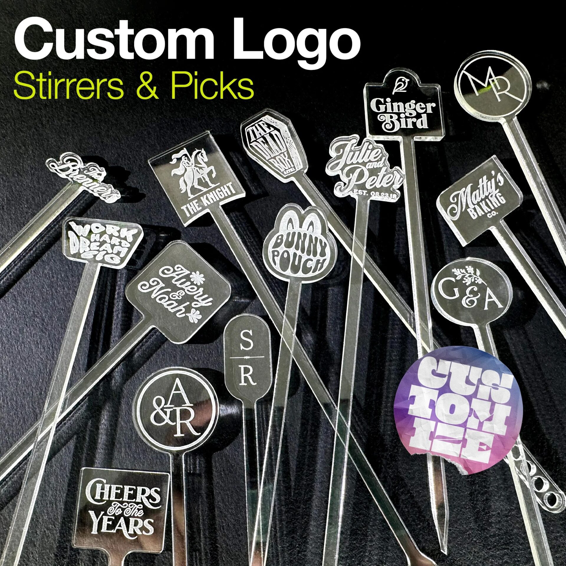 Personalized drink stirrers for events. Custom Logo Drink Stirrers and Garnish Picks by Rivers and Caves dot com
