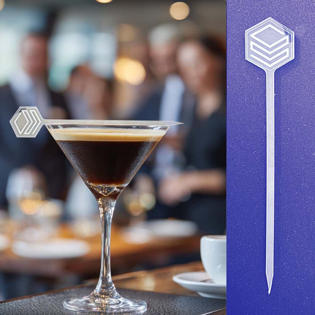 Espresso Martini Signature Cocktail with a personalized Drink Stirrer for a corporate event.