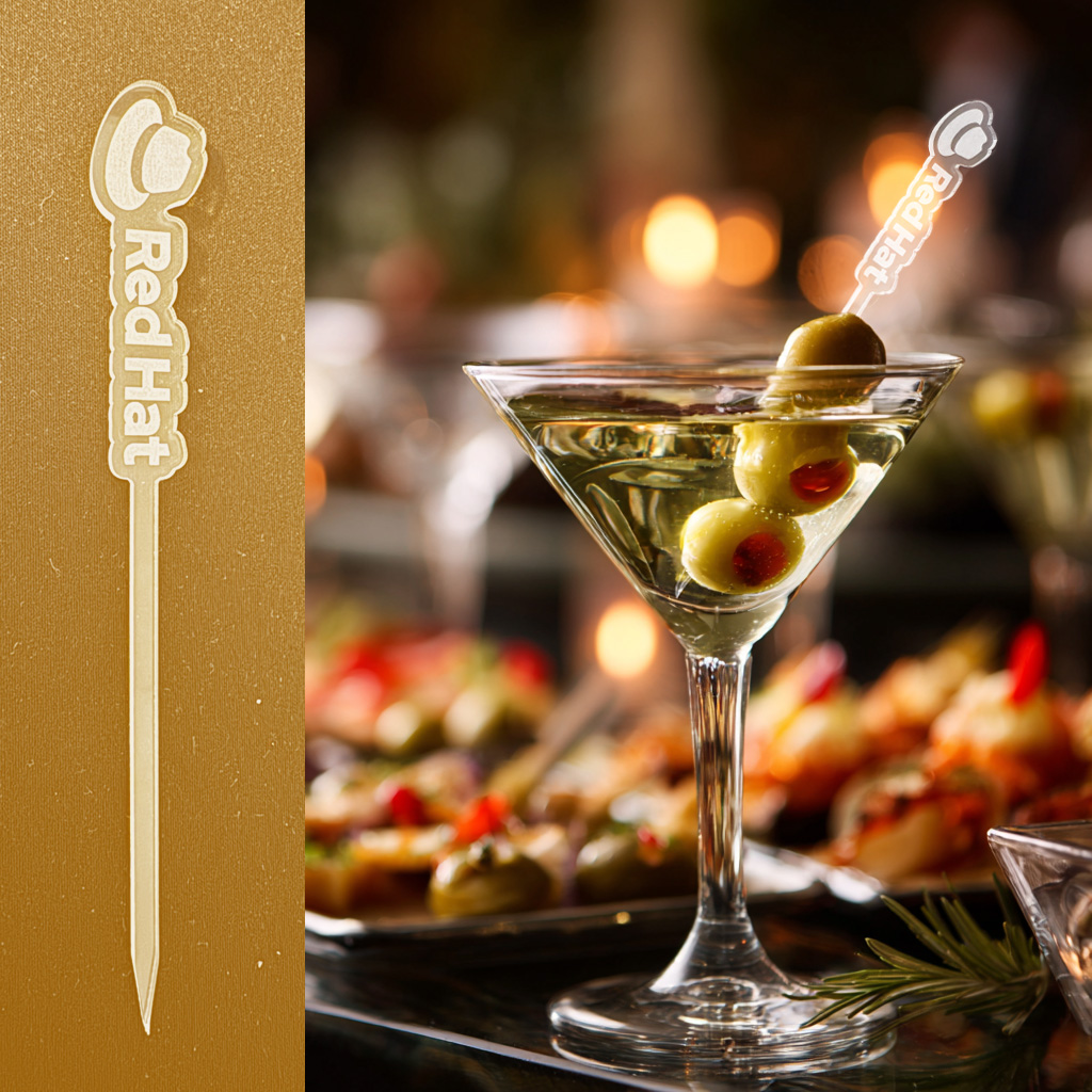 Martini Signature Cocktail with a personalized Drink Stirrer for a corporate event.