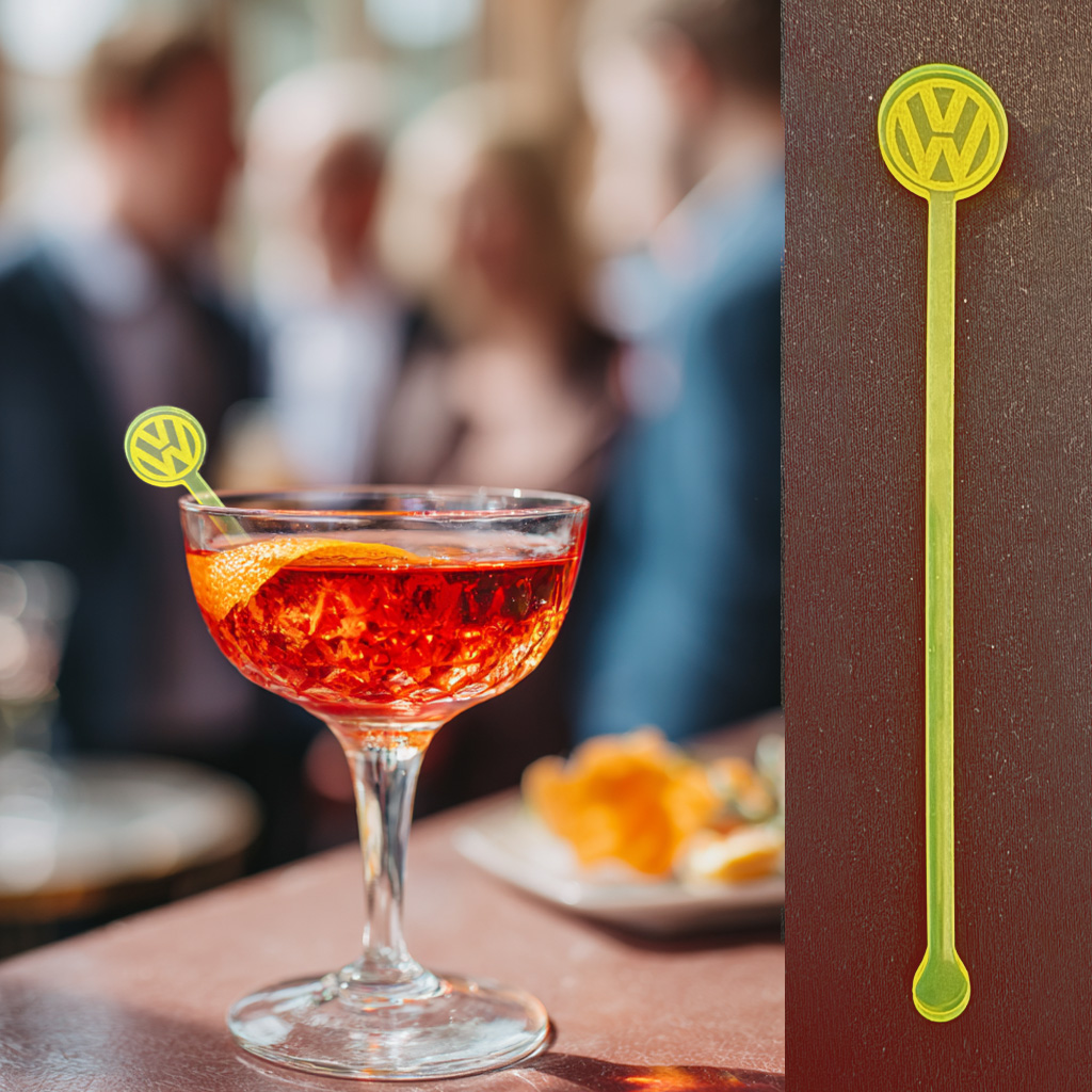 Negroni Signature Cocktail with a personalized Drink Stirrer for a corporate event.