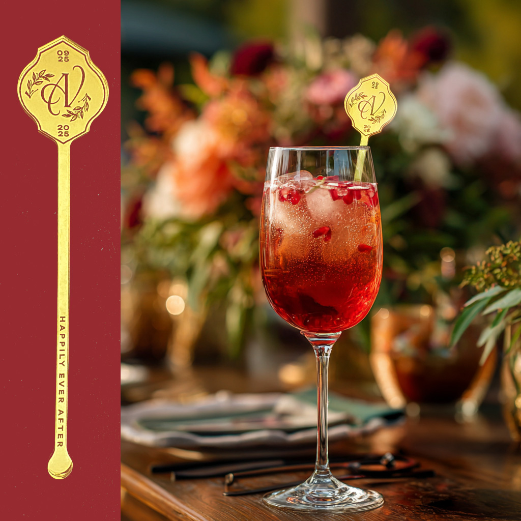 Pomegranate Spritz Signature Cocktail with a personalized Drink Stirrer for a Fall wedding
