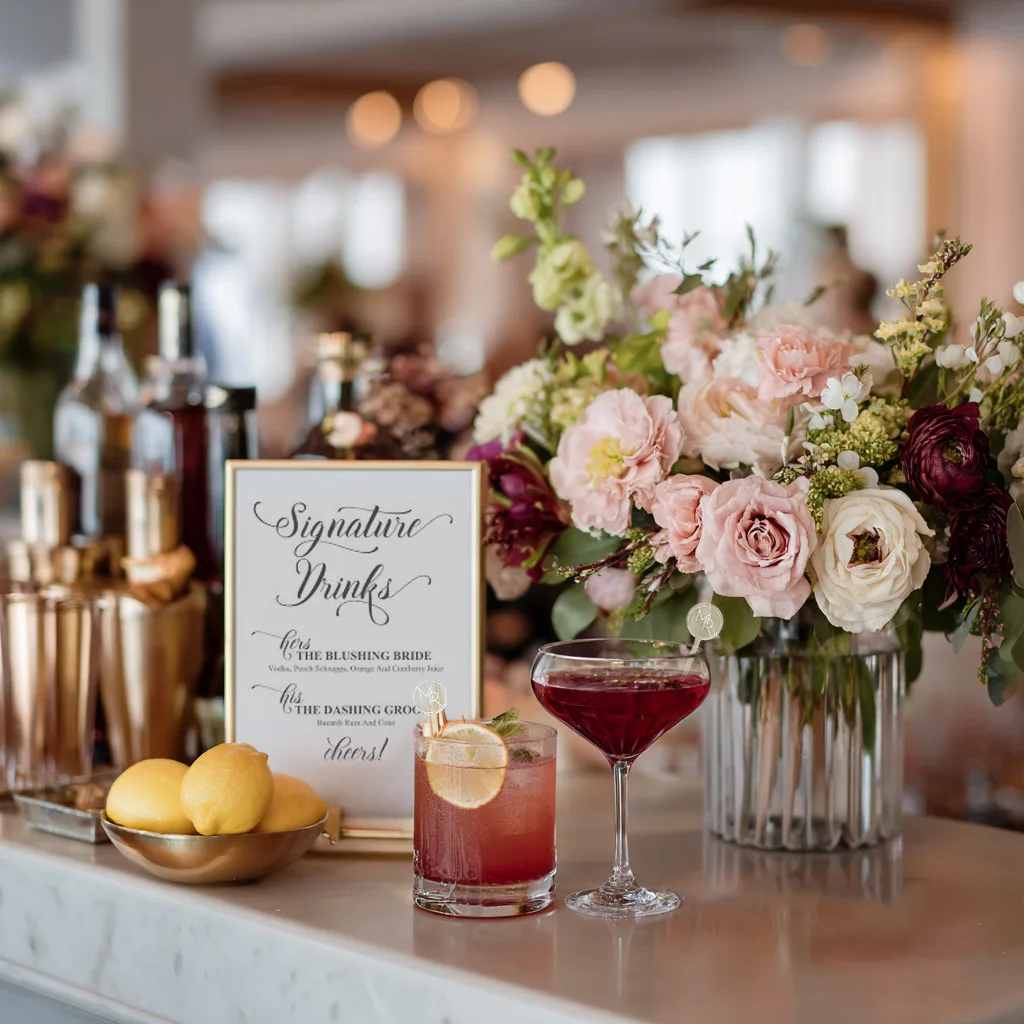 Sophisticated wedding bar styling with signature wedding drinks and thoughtful details wedding planners love. Name your signature cocktail.