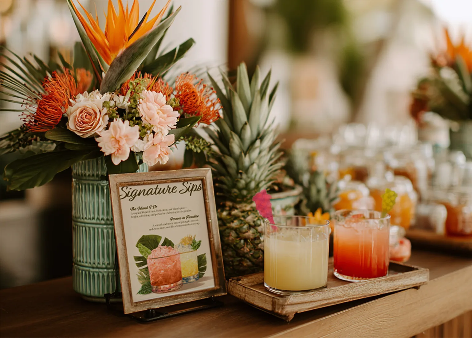 Tiki Wedding Ideas Guests Love for a Fun Tropical Celebration. Sophisticated wedding bar styling with signature wedding drinks and thoughtful details including tiki drink stirrers.