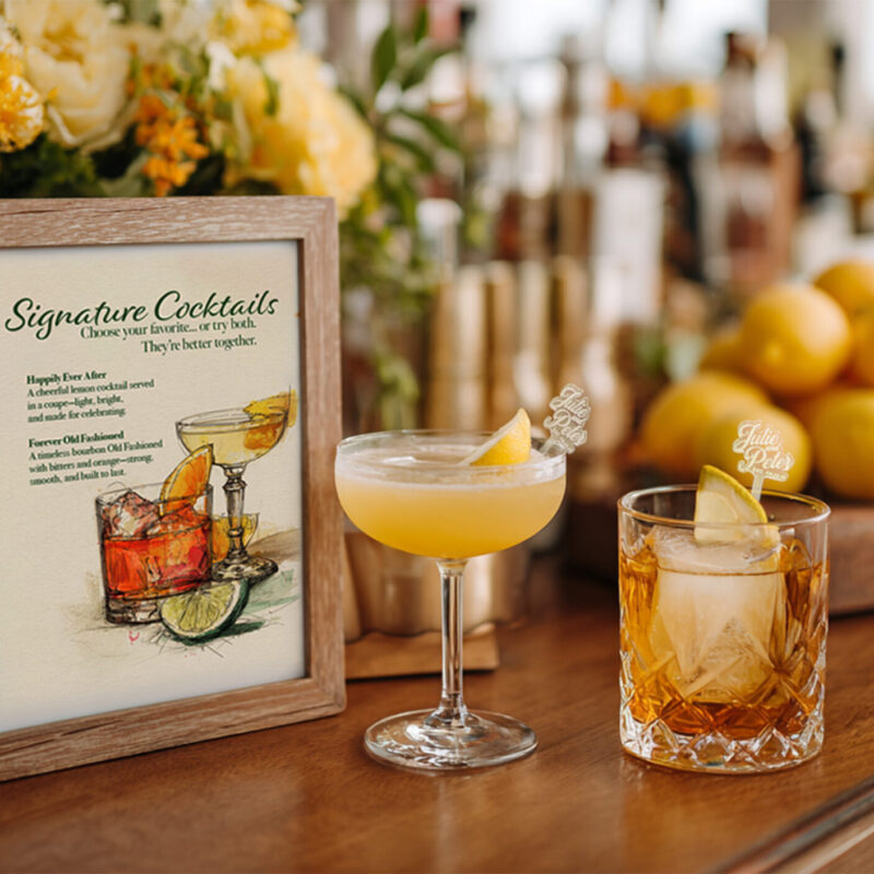 Sophisticated wedding bar styling with signature wedding drinks and thoughtful details wedding planners love. What are Signature drink stirrers.