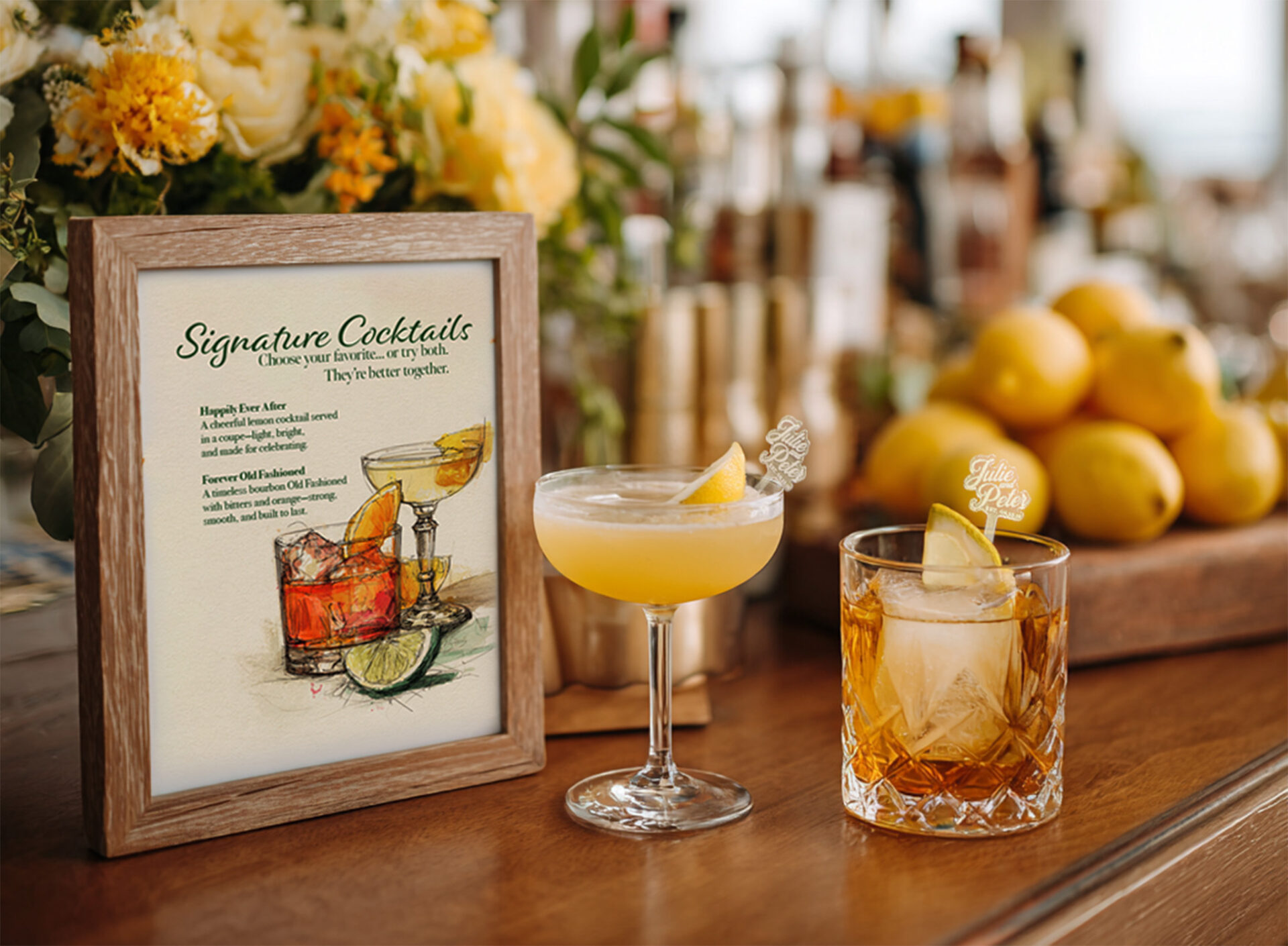 Sophisticated wedding bar styling with signature wedding drinks and thoughtful details wedding planners love. What are Signature drink stirrers.