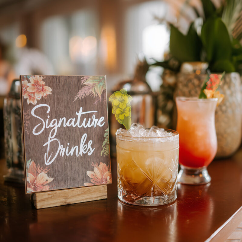 Tiki Wedding Cocktails_How to Build a Signature Drink Menu Guests Will Love. Personalized Drink Stirrers. Custom Drink Swizzles.