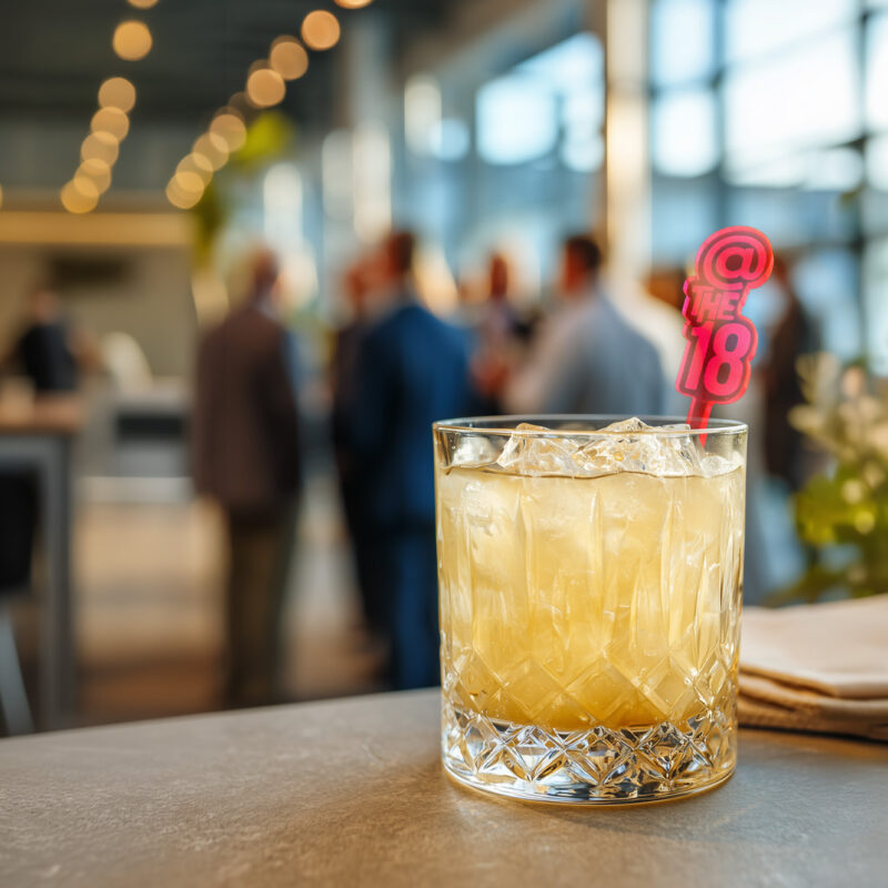 Branded Drink Stirrers for Corporate Events_Experiential Branding Guide. Custom Logo Stirrer in a rocks glass with Corporate Reception in the background.